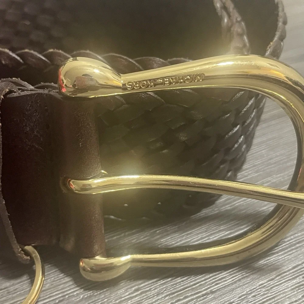 MICHAEL Michael Kors Brown Gold Braided Leather Belt XL Boho Woven MK Charm Wide
